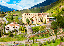 Aerial view of the Trauttmansdorff Castle Gardens, a botanical gardens located in Merano city in north Italy