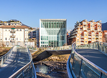 Pedestrian Bridge and Facade of MUSEION, the Museum of Modern and Contemporary Art of Bozen, in South Tyrol, Italy