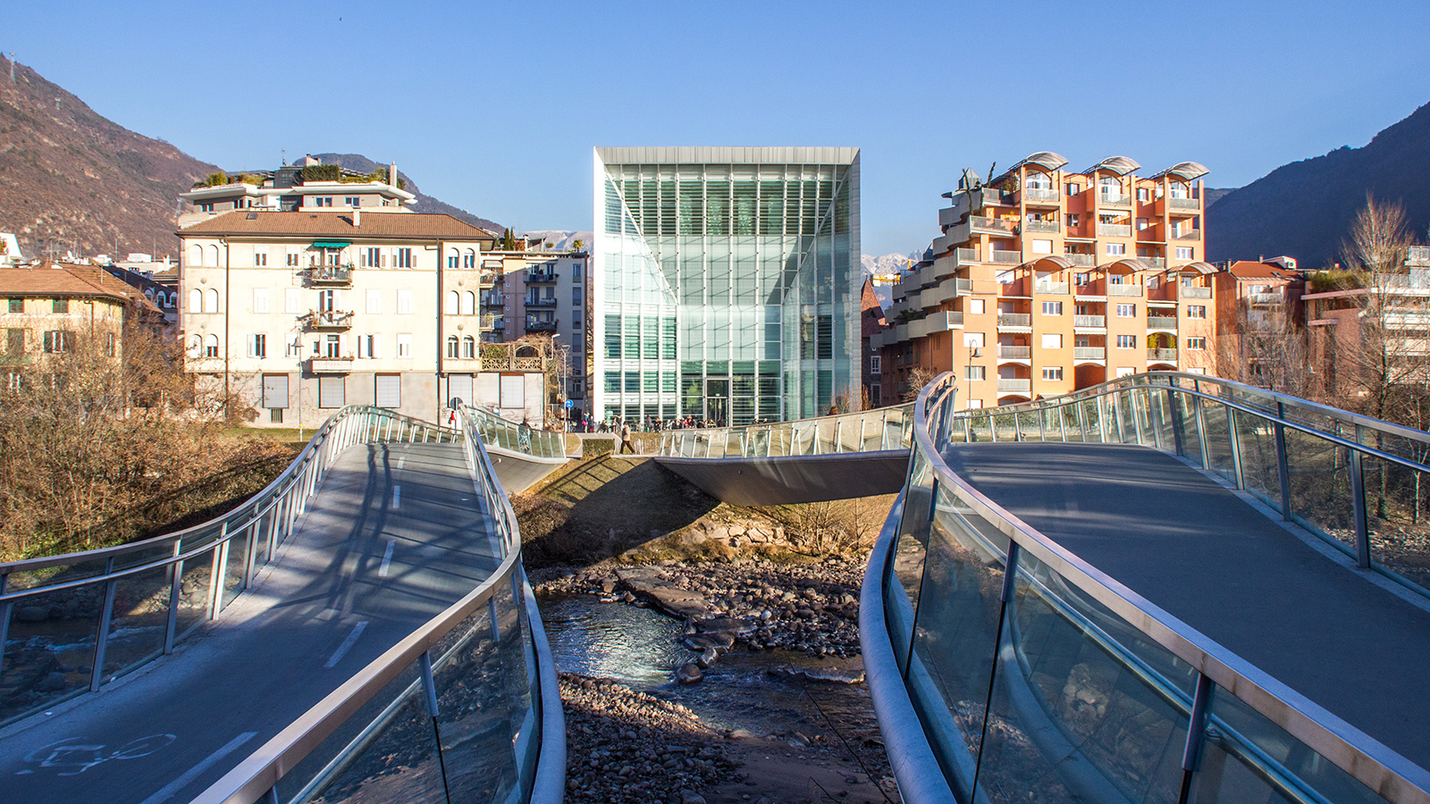 Pedestrian Bridge and Facade of MUSEION, the Museum of Modern and Contemporary Art of Bozen, in South Tyrol, Italy